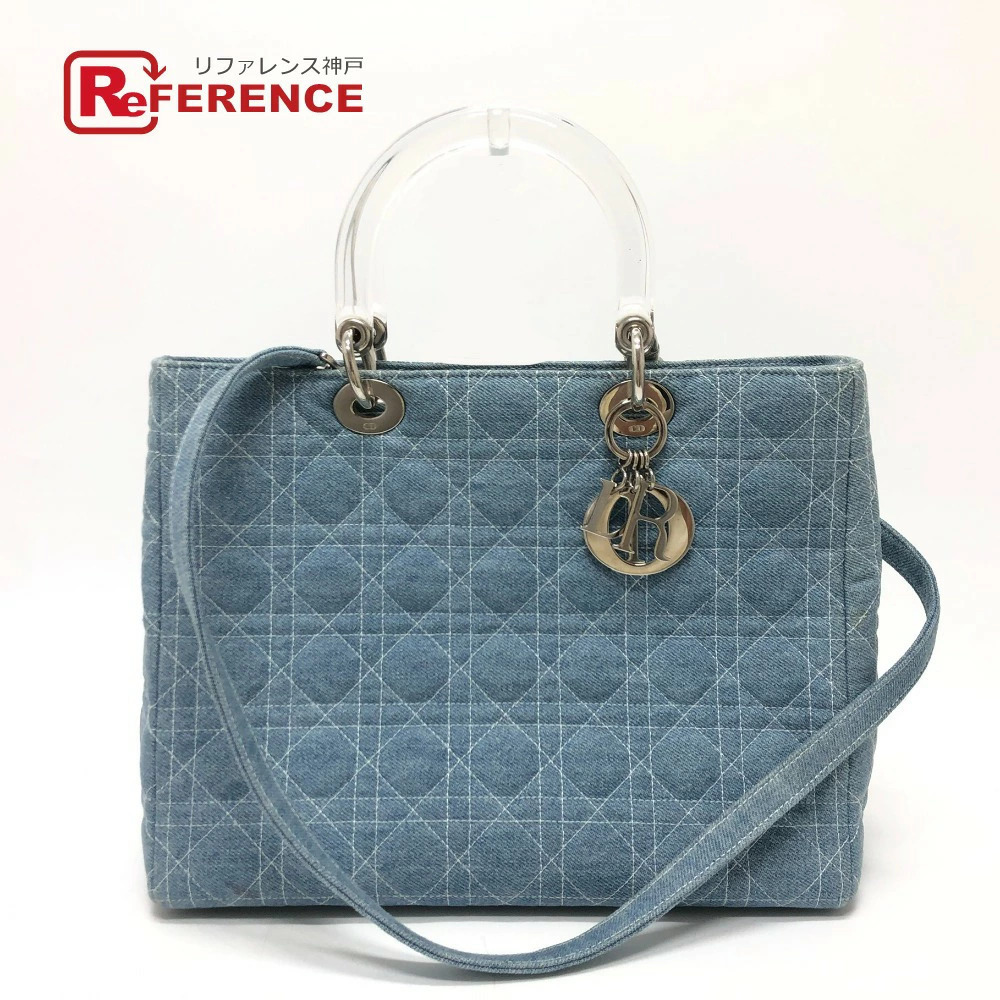 Dior Cannage Lady Bag Shoulder Tote Handbag Canvas Blue